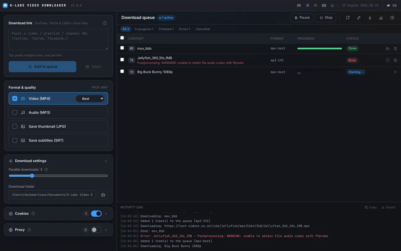 Giao diện G-Labs Video Downloader
